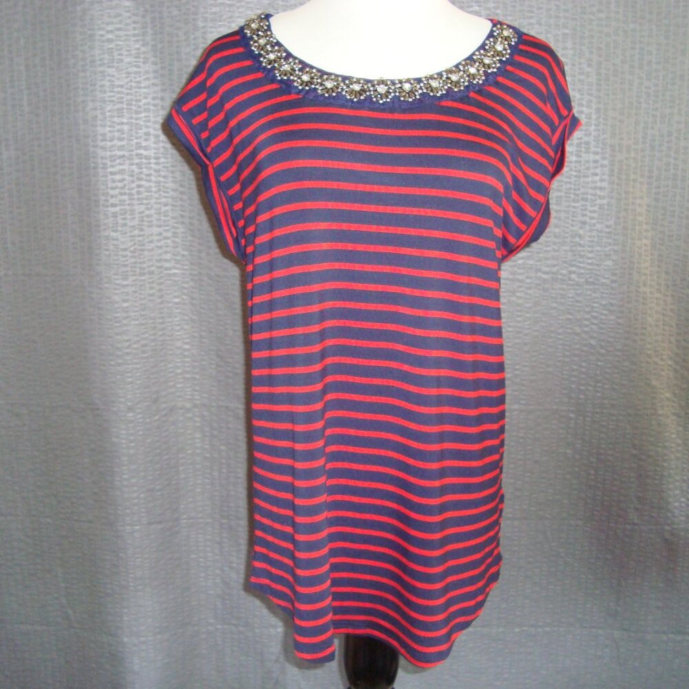 NWT Cupio Navy Blue & Red Striped Cap Sleeve Top with Beaded Neckline sz L